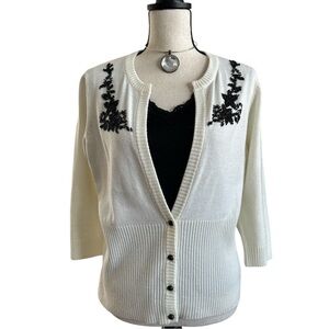 REQUIREMENTS Knit Cream Cardigan Sweater w/Black Embroidered Embellishments SZ M